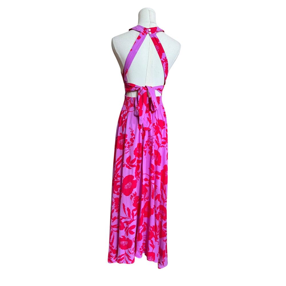 ABEL THE LABEL Anthropologie NEW Pink Red Floral Halter Maxi Dress XS Sleeveless - Picture 7 of 10